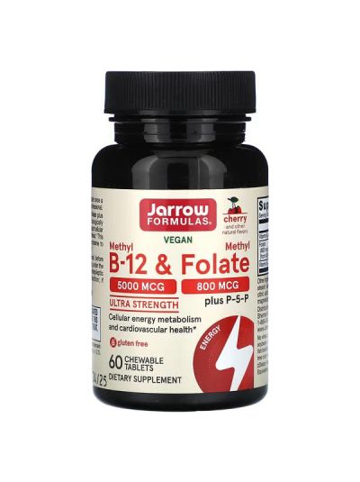 Jarrow Formulas Methyl B-12 & Methyl Folate, Cherry Flavor, 60 Chewable Tablets