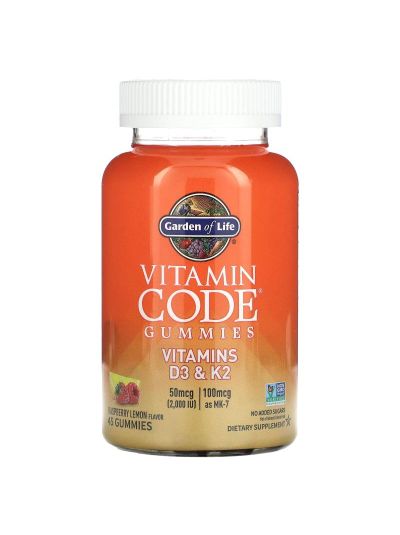 Garden of Life, Vitamin Code Gummies, Vitamins D3 & K2, Raspberry Lemon, 45 Gummies