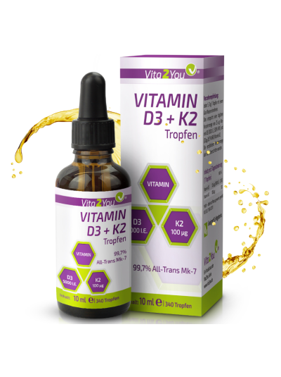 Vita2You Vitamin D3 + K2 Tropfen , 340 Portionen - hochdosiert 10 ml